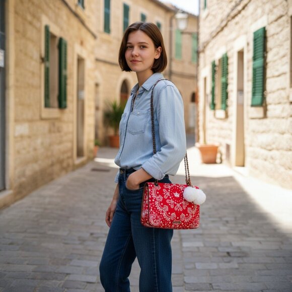 MIA Handbags - DESIGNER MIA BAG RED & WHITE BANDANA PRINT WHITE POM-POM CHARM CHAIN BAG